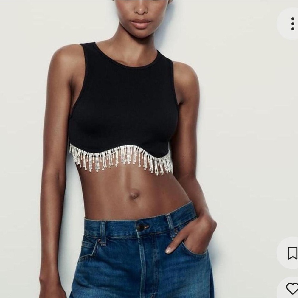 NWT Zara Viral Cropped Rhinestone Tank Top in Black XS-S